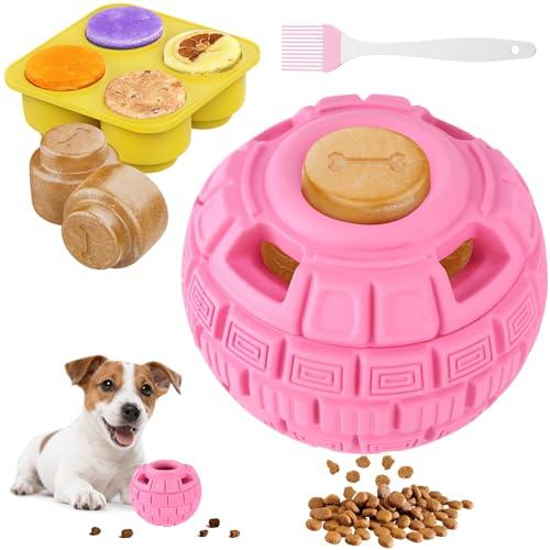 Interactive Dog Frozen Treat Toys, Dog Puzzle Enrichment Ball to Keep Them Busy, Slow Food Training, Durable Rubber Chew Dispensing Toy, Freezable Fillable Ball, for Small Medium Large Dogs (Pink)