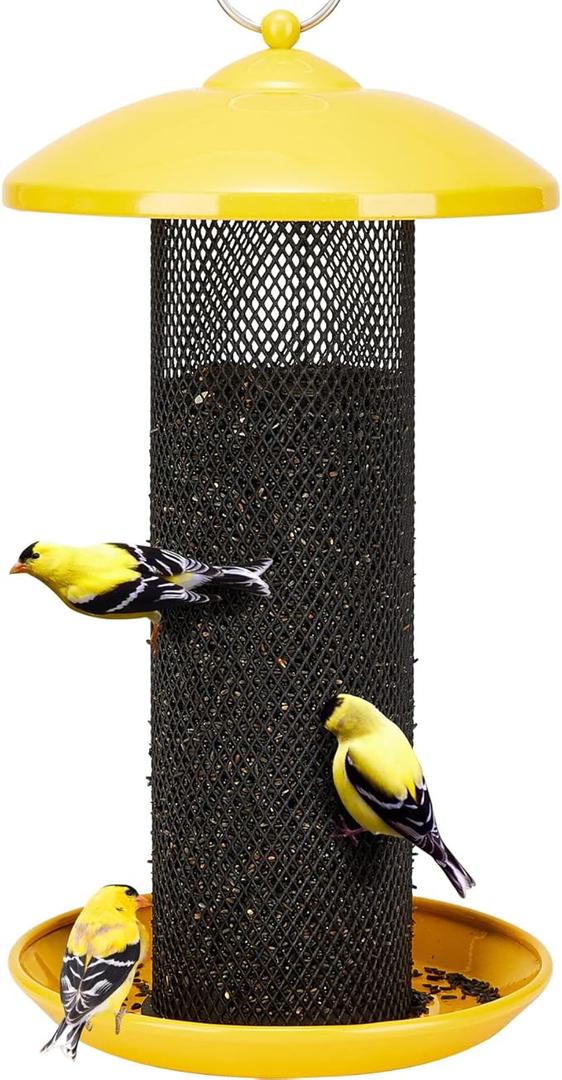 Kingsyard Finch Bird Feeder for Outdoors Hanging, Metal Mesh Tube Bird Feeders for Thistle & Nyjer Seed, Large Removable Tray & Rainproof Dome, 2.5 lbs Seed Capacity, Yellow