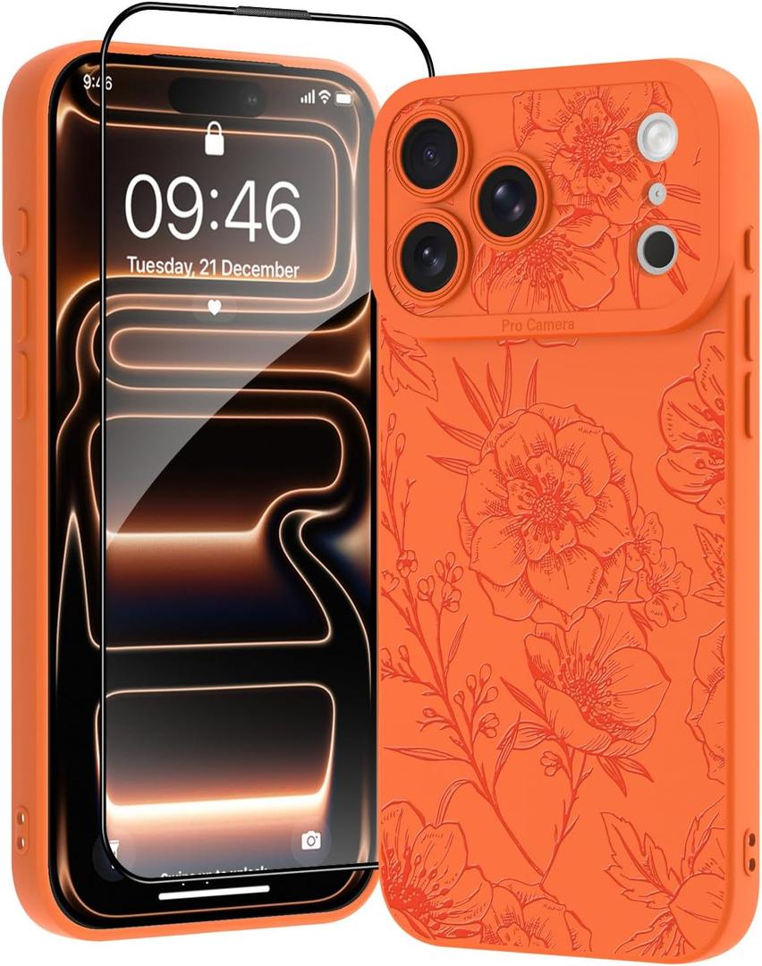 OOK for iPhone 17 Pro Case Orange Case Cute Flower Floral Design | Soft TPU Full Camera Lens Anti-Drop Anti-Scratch Shockproof Protective with Screen Protector, Gift giving & daily matching