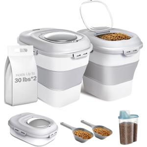 ANVS 2 Pack Dog Food Storage Container - Collapsible Dog Food Container with Airtight Lids, Scoop and 2.5L Small Pet Food Storage Container Dry Food For Dog, Cat and Other Pet Food (Grey, 30lbs)