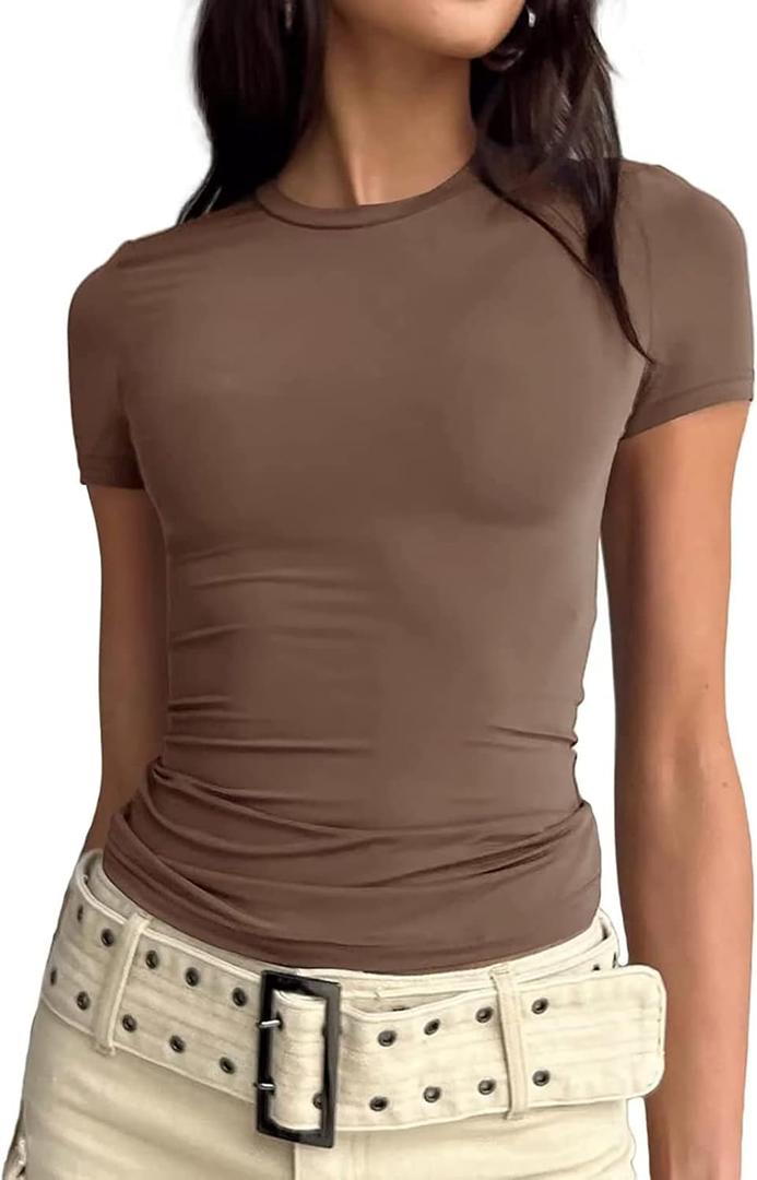 Women's Short Sleeve T Shirt Slim Fit Basic Summer Top (Brown, M)