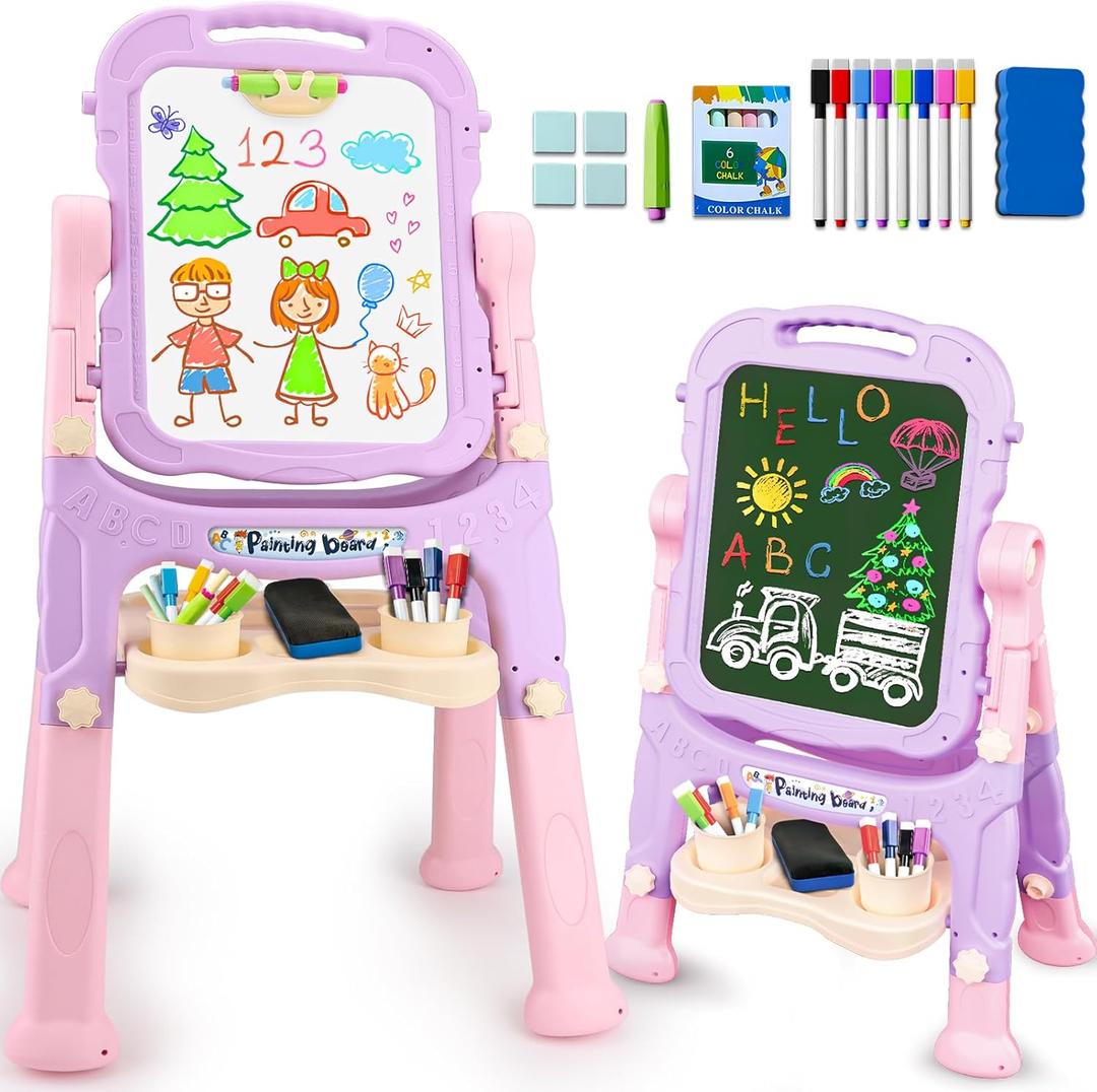 Kids Easels for Toddlers 2-4 Double Sided Kids Art Easel with Magnetic White Board Chalk Board Adjustable Stand Drawing Painting Easel Learning Toys 2 3 4 Year Old Girl Birthday Christmas Gifts Pink