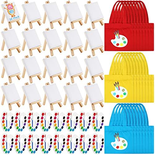 Seajan 12 Set Mini Watercolor Paint Set Include 3 x 3'' Mini Canvas Wood Easel 12 Colors Watercolor Paints and Canvas Tote Bags for Easter Classroom Art Party Favors Painting Beginner