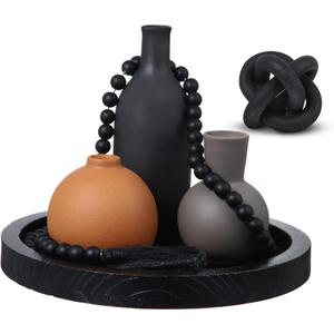 6 Pieces Ceramic Vase Set with Wood Link Chain and Bead Garland Decorative Vase Boho Rustic Farmhouse Natural Wooden Link Decor for Living Room Home Table Shelf Decor(Black)
