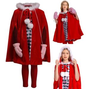 Seaehey Cindy Lou Who Costume Kids Cosplay Cloak Dress Pants Gloves Cape Toddler Outfit Cindy Lou Halloween Costume for Girls. Size 110