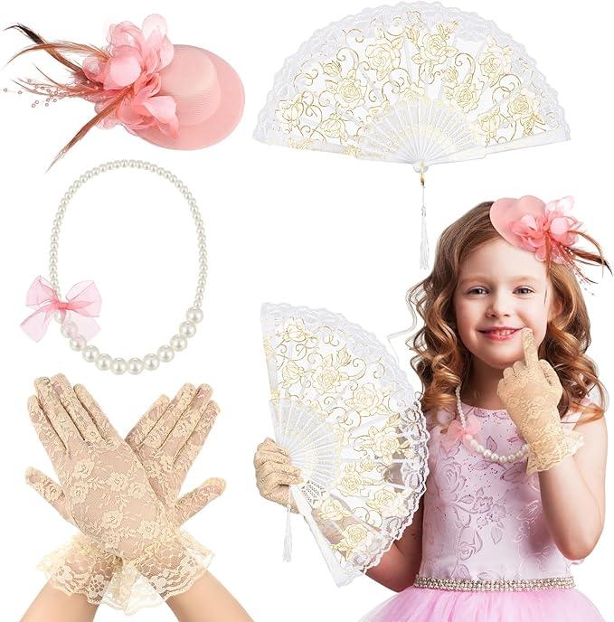 Sintege 4 Pcs Girls Tea Party Set Girls Tea Party Accessories Gloves Hats Necklace Fans for Toddler(Champagne)