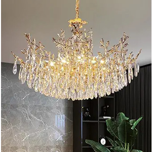 ziidoo Modern Lights Gold Crystal Chandelier 33.5 inch LED 12 Lamps Tree Branch Raindrop Hanging Pendant Ceiling Light Fixture Chandeliers for Living, Dining Room, Kitchen Island, Bedroom
