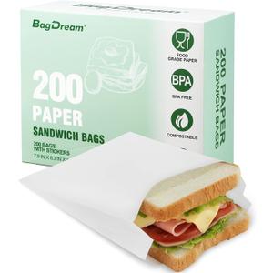BagDream Paper Sandwich Bags 7.9x6.3x1.96 Inches 200ct Sealable with Thank You Stickers, White Glassine Paper Sack Bags for Sandwich, Food Storage,Treat, Cookies, Burger