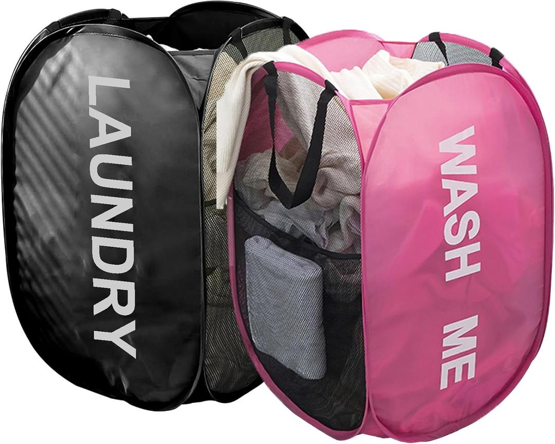 Larpur Pop Up Laundry Baskets, 2 Pack Mesh Laundry Hampers Collapsible Clothes Hampers, Portable Cruise Laundry Hampers for Home, Dorm, Travel (Black + Pink)