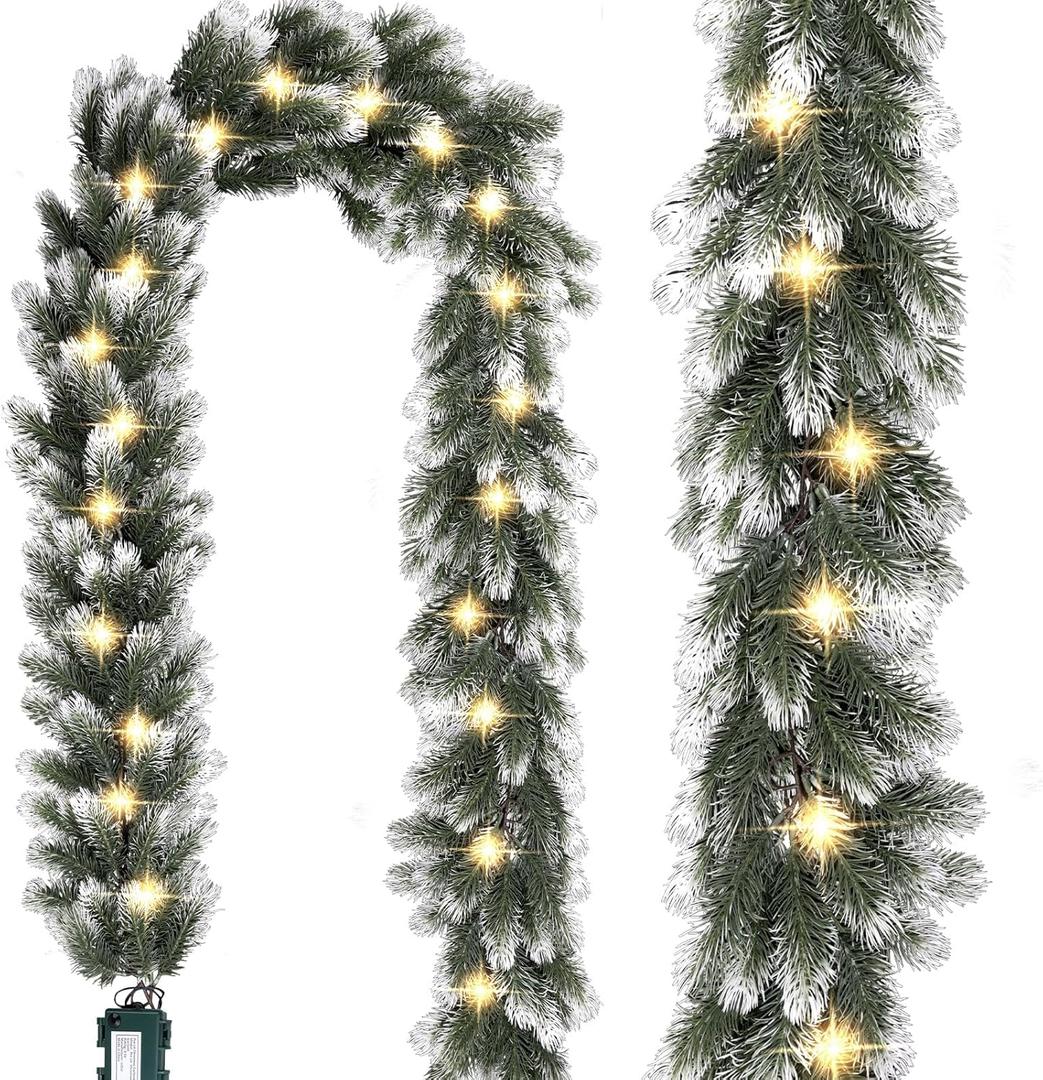 Pre Lit Snow Flocked Christmas Garland 6 ft Artificial Christmas Garland with Warm White 30 LED Light and Timer Frosted Faux Pine Winter Garland for Home Indoor Outdoor Mantel Seasonal Decor