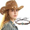 Straw Cowgirl Hat with Two Decorative Bands, Western Wide Brim Straw Cowboy Hat for Women Light Brown