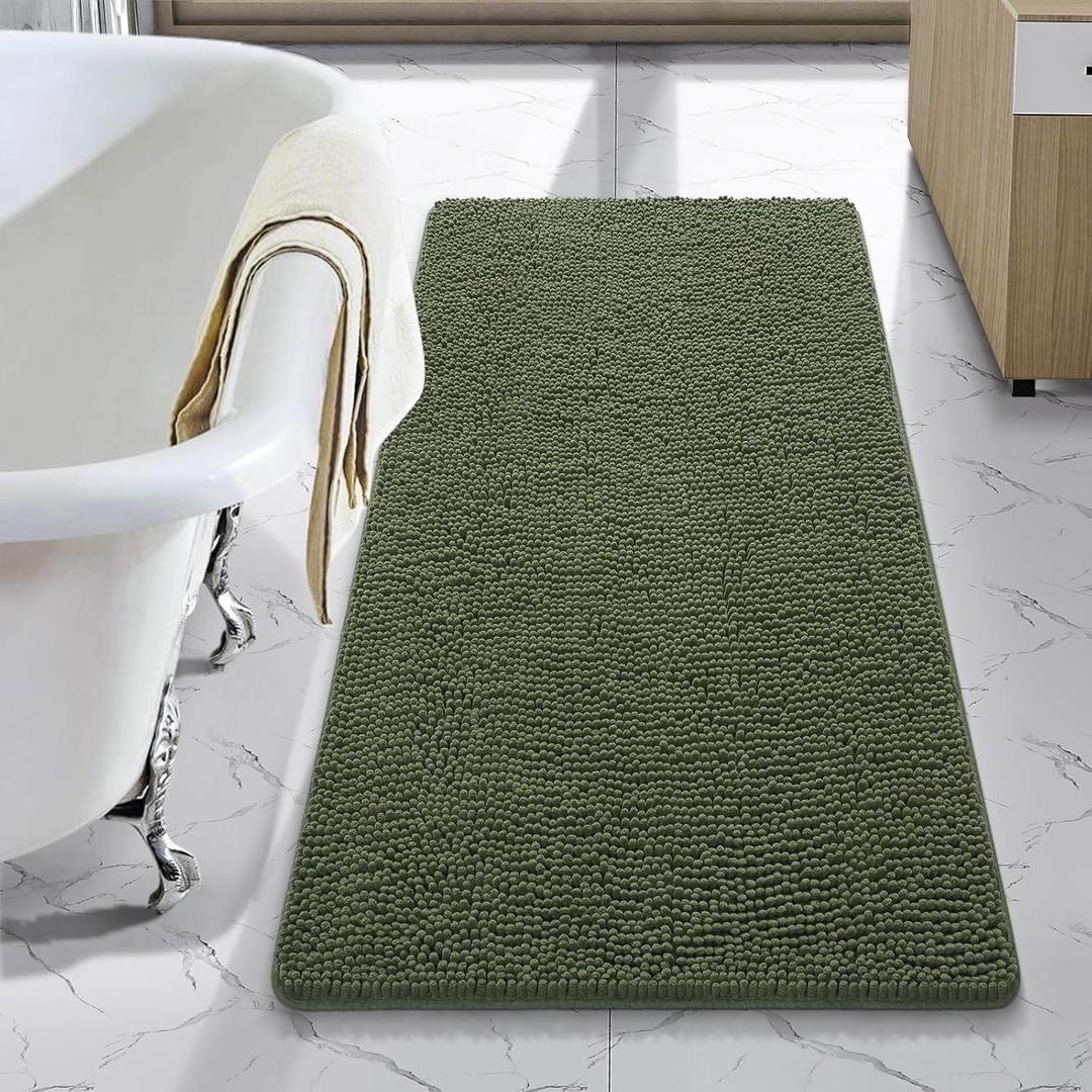 LOCHAS Luxury Bathroom Rug Shaggy Bath Mat 24 x 44 Inch, Washable Non Slip Bath Rugs for Bathroom Shower, Soft Plush Chenille Absorbent Carpets Mats, Olive Green