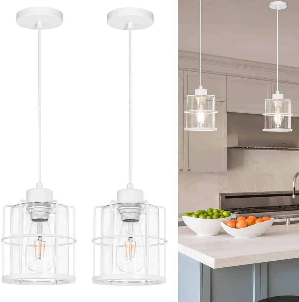 Modern White Industrial Pendant Light Fixtures Set of 2, Clear Glass Cage Pendant Light Kitchen Island, Adjustable Cord Hanging Light for Kitchen Island Decor, Over Sink Lighting Fixtures for Bathroom (5.9in-Hardwired Cord)