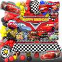 Cars Theme Birthday Party Decorations Set Including Race Car Backdrop, Balloon Garland, Tablecloth, Cake topper