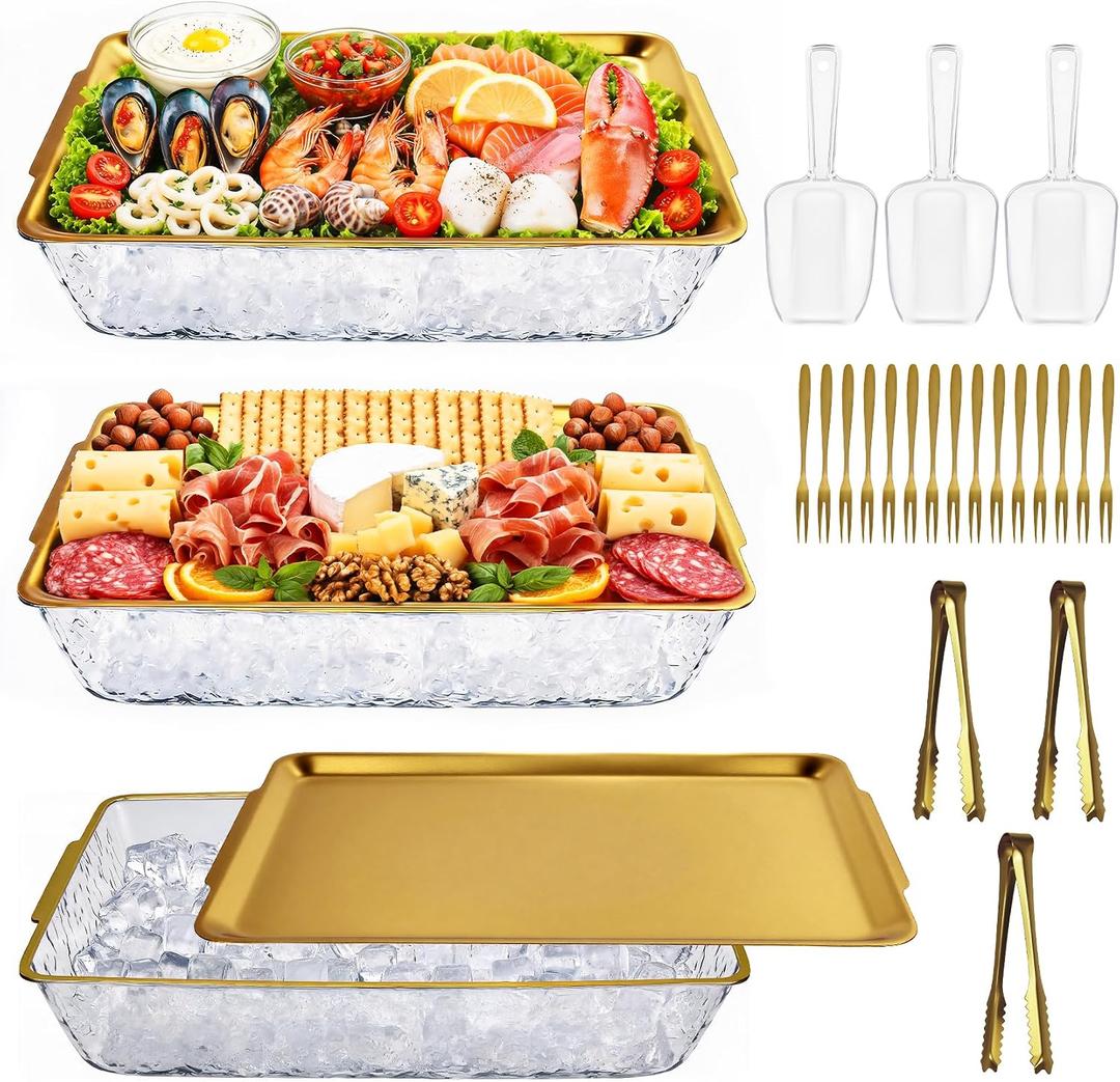 3 Set Chilled Serving Trays for Parties Gold 16 x 9'' Large Cold Serving Tray with Tong Scoop for Vegetable Appetizer Shrimp Seafood Fruit