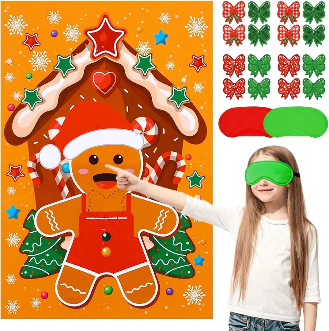 AUGSUN Christmas Party Games Pin The Bow Tie on The Gingerbread Man Activities Xmas Gingerbread Poster with Blindfold and Stickers for Christmas Activity Birthday Party Favor Supplies Family Gathering