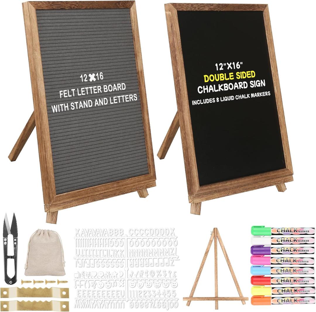 12" x 16" Double Sided Chalk Board with Stand, Felt Letter Board Sign Wooden Frame Chalkboard Easel Food Menu Message Word Announcement Board, Blackboard for Cafe Wedding Party Shop Restaurants (Brown)