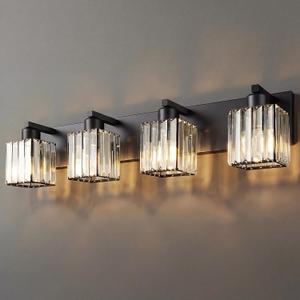 Modern Bathroom Vanity Light, 4-Light K9 Crystal Bathroom Lighting Fixtures Over Mirror, Black Vanity Light with Square Shade