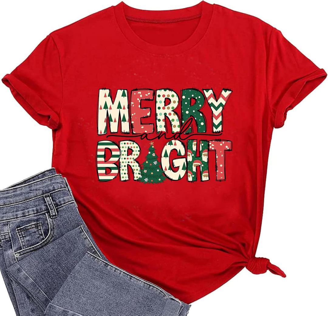 Merry Christmas Shirts for Women Funny Snowflake Graphic Print Holiday T Shirt Winter Casual Short Sleeve Xmas Tee Tops (S)