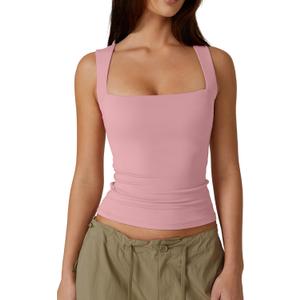 QINSEN Women's Square Neck Sleeveless Double-Layer Tank Tops Basic Tight T Shirts (Pink, S)