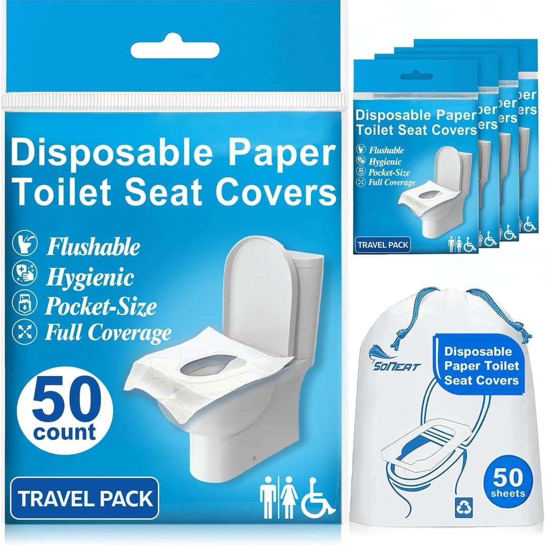 Disposable Toilet Seat Covers Flushable XL 50 Pack  Adults & Kids Potty Training Travel Toilet Seat Cover  100% Biodegradable Public Restroom Protection for Airplane, Camping, Festivals