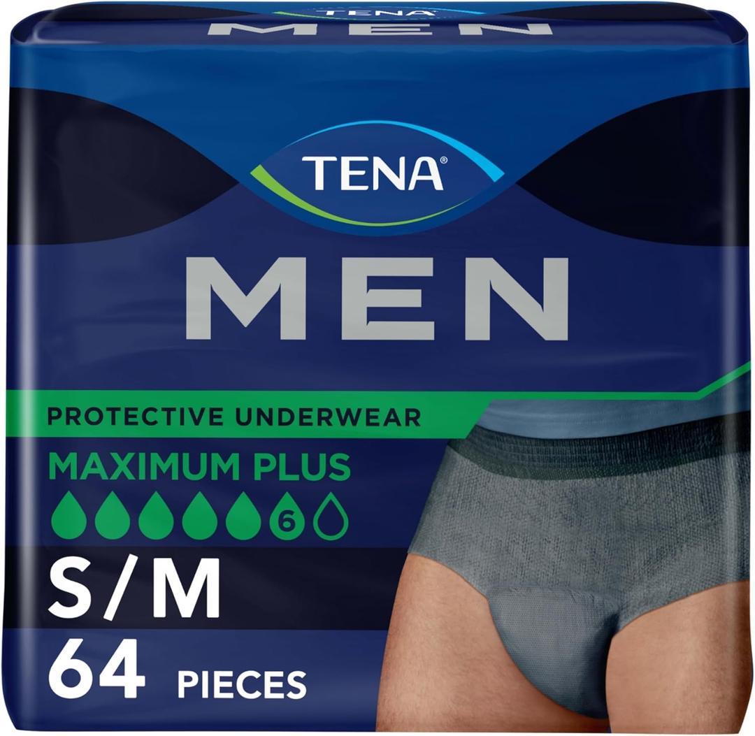 TENA Men Incontinence Underwear, Maximum Plus Absorbency, Adult Diapers, Small/Medium (Waist Sizes 34in-50in), 64 Count (4 packs of 16)