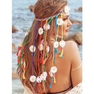 Boho Daisy Headband Rainbow Braided Headpiece Summer Beach Tassel Hairband Floral Hippie Hair Accessories for Women (Multi-colored)