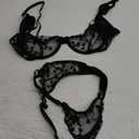 Lilosy Sexy Underwire Cute Push Up Strappy Embroidered Mesh Sheer Lingerie Set See Through Panty Bra (Large, Black)