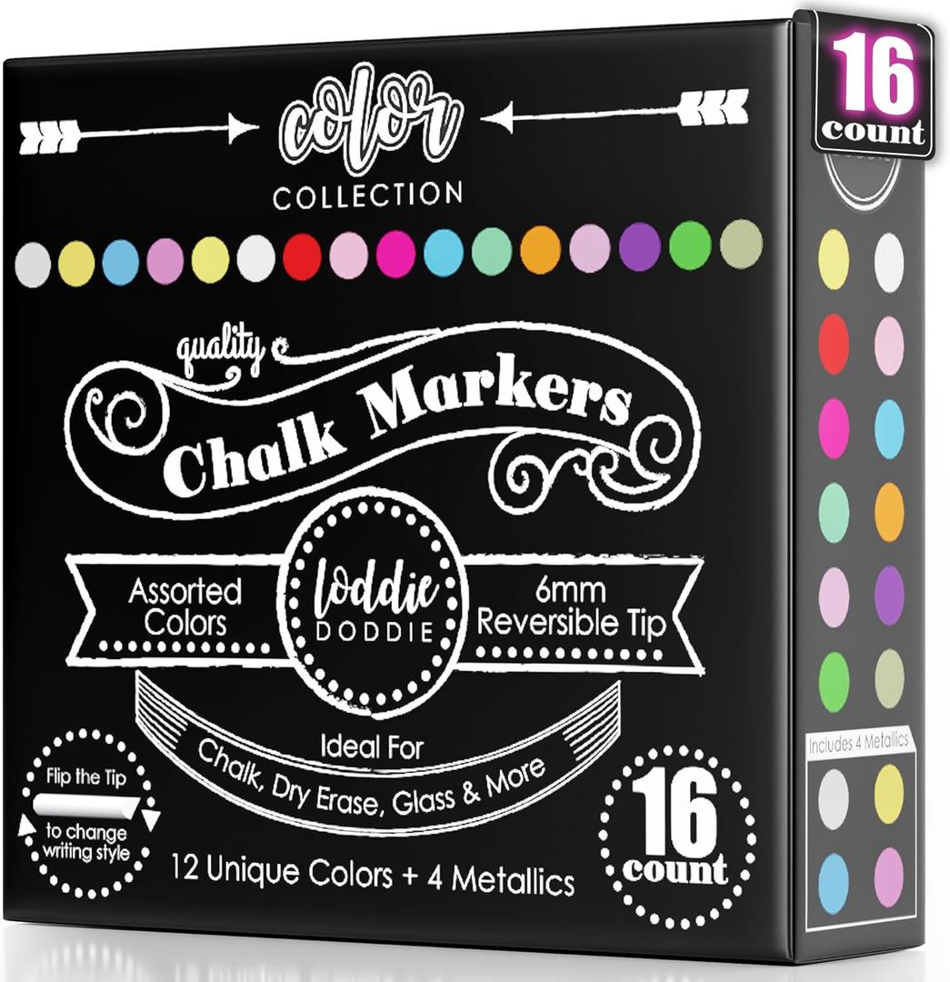 Loddie Doddie Chalk Markers - Pack of 16, Reversible 6mm Tips - Vibrant Chalkboard Designs with Chalkboard Markers - Easy Erase on Glass & Whiteboards with Dry Erase Pen