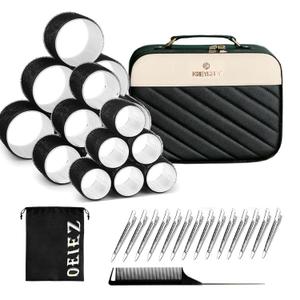 Hair Roller Set,Velcrorollers for Hair,Self Grip Hair Rollers, Salon Hairdressing Curlers, DIY Hair Styles, 3 Sizes Jumbo Large Medium 18pcs Rollers with Makeup Case,Clips & Comb Heatless Curlers (Black)