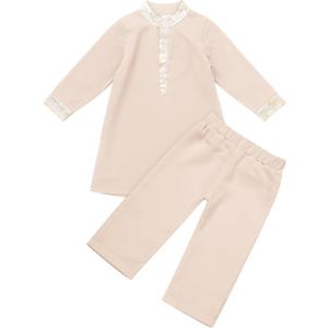 IDOPIP Muslim Baby Boys Outfits Embroidered Ramadan Eid Thobe Robe with Pants Long Sleeve Arabic Islamic Kaftan Abaya Clothes (3-6 Months, Apricot)