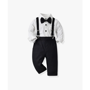 DOPIP Toddler Kids Baby Boys 1st Christmas Outfit Gentleman Striped Shirt with Bowtie +Long Suspender Pants Overalls Clothes 18-24 M