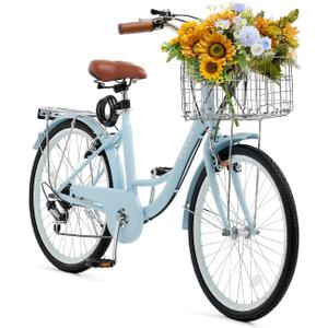 VEVOR Women Bike, 7-Speed and 1-Speed, 24-26 Inch Pink and Light Blue Beach Cruiser Bike, with Large Capacity Basket and Rear Rack, Adjustable Seat, Fits for Cycling, Exercise & Shopping