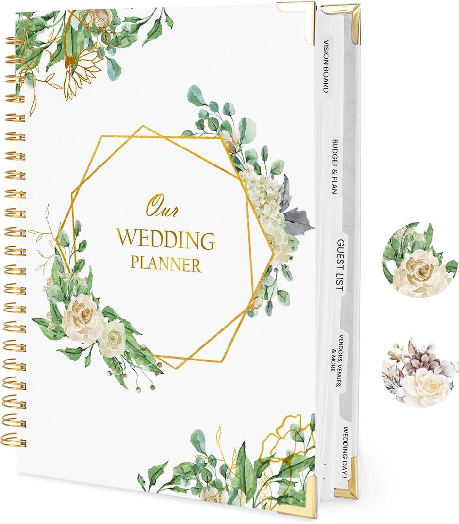 Wedding Planner Book and Organizer for the Bride, 9x12" Wedding Planning Book with 5 Tabbed Sections, Pockets, Checklists, Calendars, Countdown, Metal Corner, Engagement Gifts for Couples, Floral
