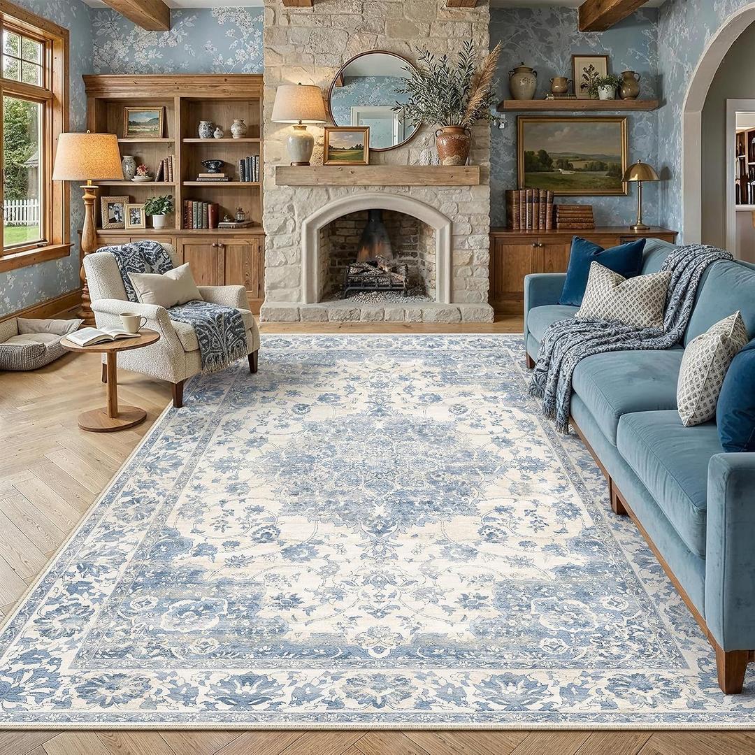 Blue Area Rug 8x10 Vintage Oriental Medallion Non-Slip Carpet