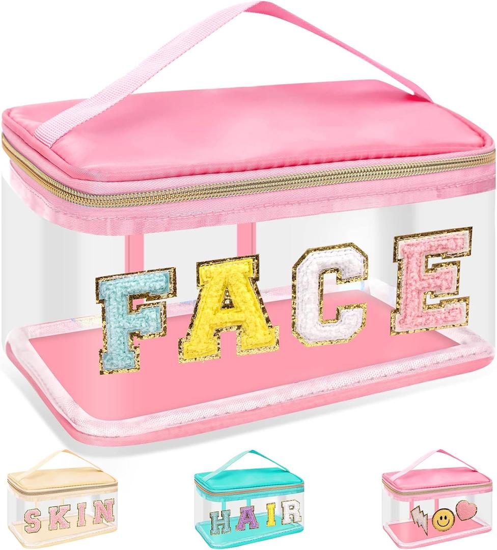 Chenille Letter Clear Makeup Bags Face Pouch, Preppy Patch Makeup Bag Zipper with Handle, Transparent PVC & Nylon Waterproof Glitter Cosmetic Handbag Travel Toiletry Storage for Women Girl(FACE-Pink)