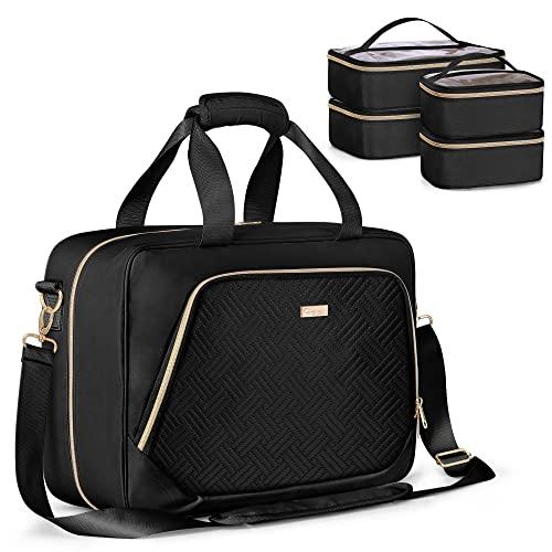 Prokva Professional Makeup Artist Travel Case with 4 Detachable Cosmetic Bags, Large Make up Organizer Bag with Makeup Kit Storage Section and Hair Tools Pocket, Black (Empty Bag Only)