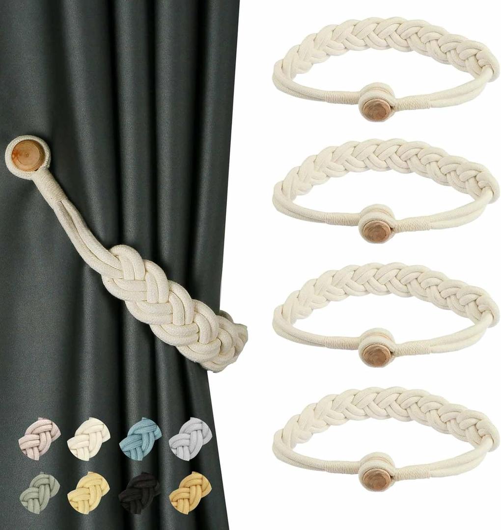 BEL AVENIR Curtain Tiebacks Magnetic Woven Curtain Holdback Drapery Tie-Back (Ivory Braid-4 Pack)