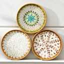 Tiangrid 3 Pcs Round Rattan Tray with Mother of Pearl Inlay Wicker Serving Tray with Wooden Base Boho Decorative Wicker Basket for Table Decor Bathroom Candle Perfume(Vintage Style)