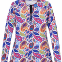 Halcurt Women Plus Size Long Sleeve Rash Guard with Bra Pockets Half Zip Swim Shirt Side Drawstring Adjustable UPF50 Swimsuit Top Leaf Shirt 2X 