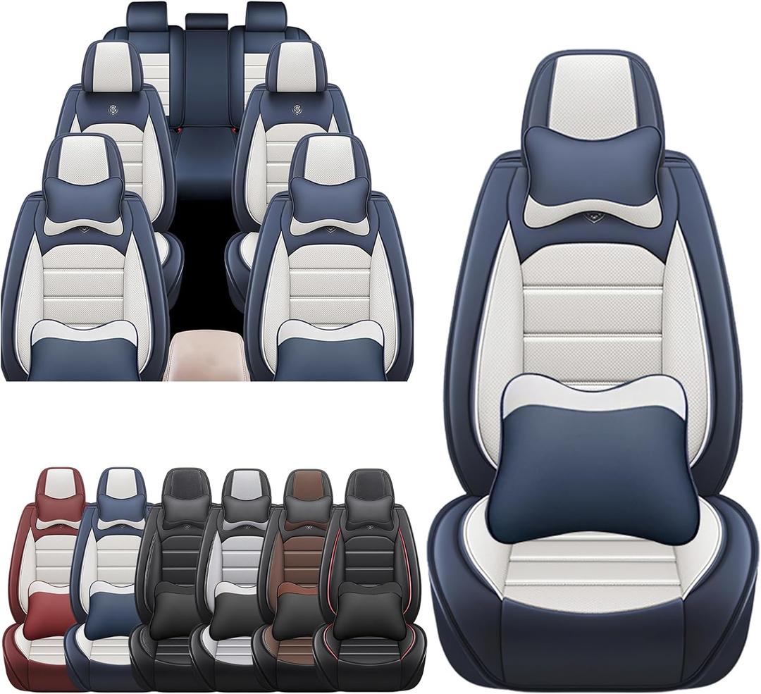 JOJ Car Seat Covers Fit for kia Carnival 2022-2026,7 Seat Car Seat Cover,No-Slip Waterproof Breathable Faux Leather Automotive Seat Covers Auto Interior Covers,Full Set with Pillow,Cream Blue
