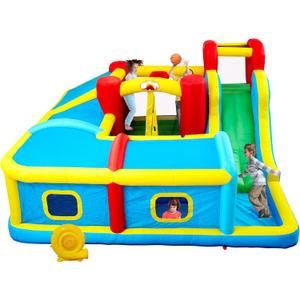 WELLFUNTIME Inflatable Bounce House with Slide, Bouncy Castle & Jumping Castle with Blower and Wave Pool, Basketball Rim, Long Tunnel