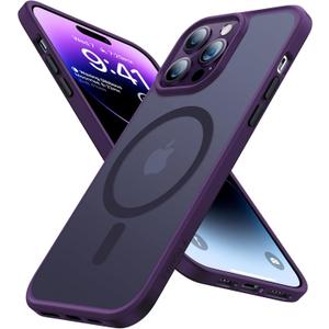 TORRAS Stronger Magnetic for iPhone 14 Pro Case, 12 FT Military Grade Drop Tested, Compatible with MagSafe, Slim Protective Matte Silicone for iPhone 14 Pro Phone Case, Translucent Back/Purple Edge (4 Translucent Purple)