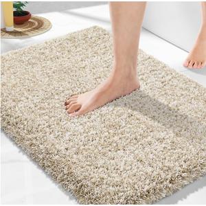 Yimobra Bathroom Rugs Non Slip Washable, Ultra Soft and Water Absorbent Bath Mats, Plush Fluffy Shower Mat Outside, Microfiber Thick Matts for Bathroom Floor/Sink, 24x17, Light Beige and White