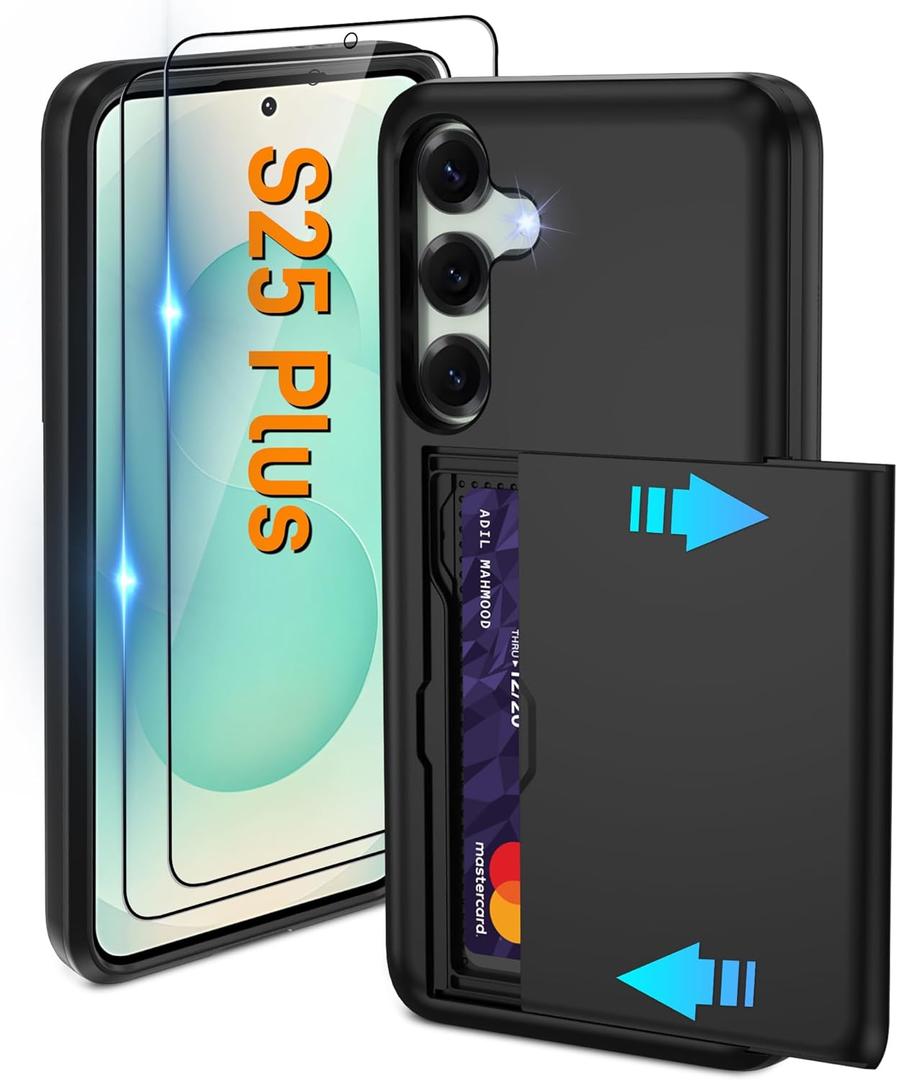 Pilaru for Samsung Galaxy S25 Plus Case with Card Holder and (2 Pcs) HD Screen Protector, Slim Heavy Duty Dual Layer Shockproof Design & Hidden Card Slot Wallet Case for Galaxy S25+ -Black