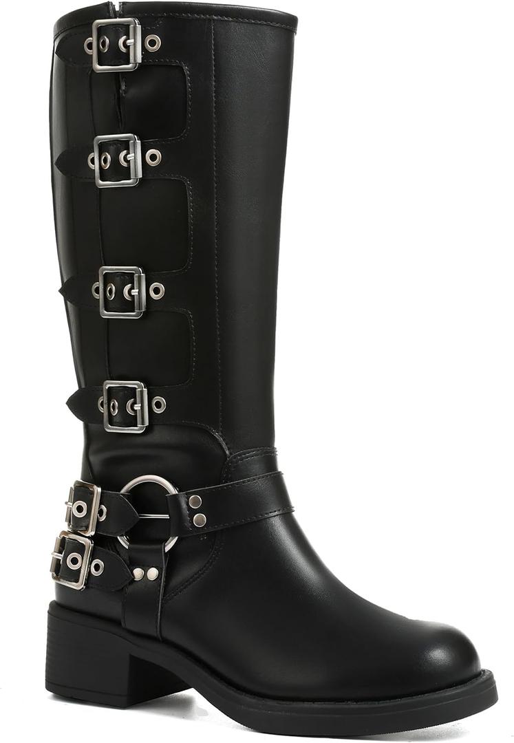 AMINUGAL Knee High Boots Women Square Toe Pull On Wide Calf Riding Fashion Buckles Chunky Metallic Casual Vintage Buckle Rivet (8.5)