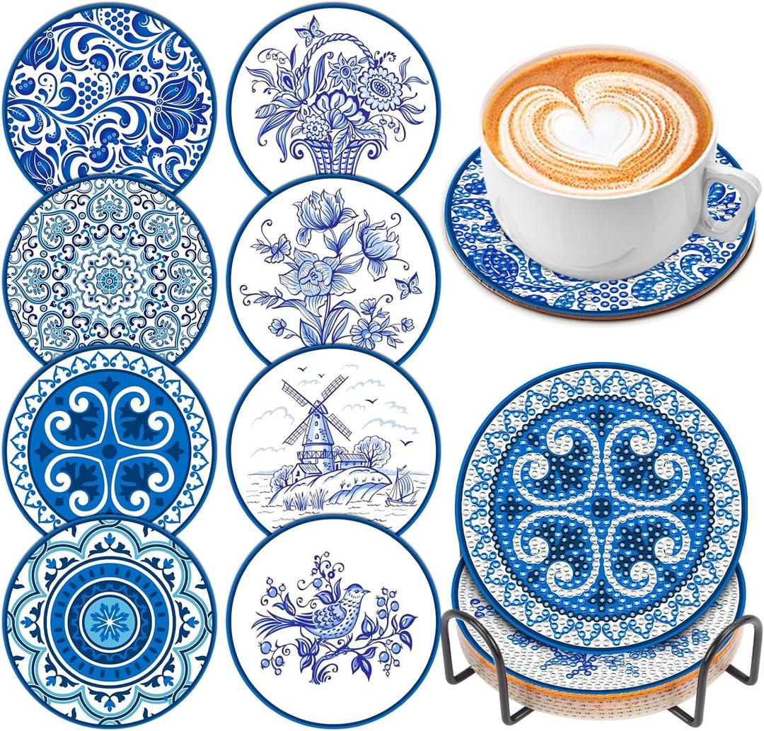 8 Pcs Diamond Art Coasters Kits for Adults with Holder Cork Pads, DIY Blue and White Porcelain Diamond Art Dots Painting Coasters Kits for Adults Beginners, Ideal Gift