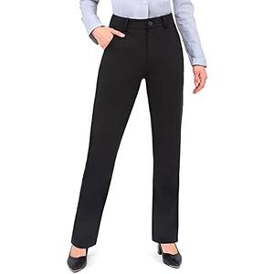 Bamans Womens Dress Pants Work Business Pants Tummy Control Office Straight Leg Professional Petite Trousers High Waisted Ladies Slacks 29" Inseam Black Large