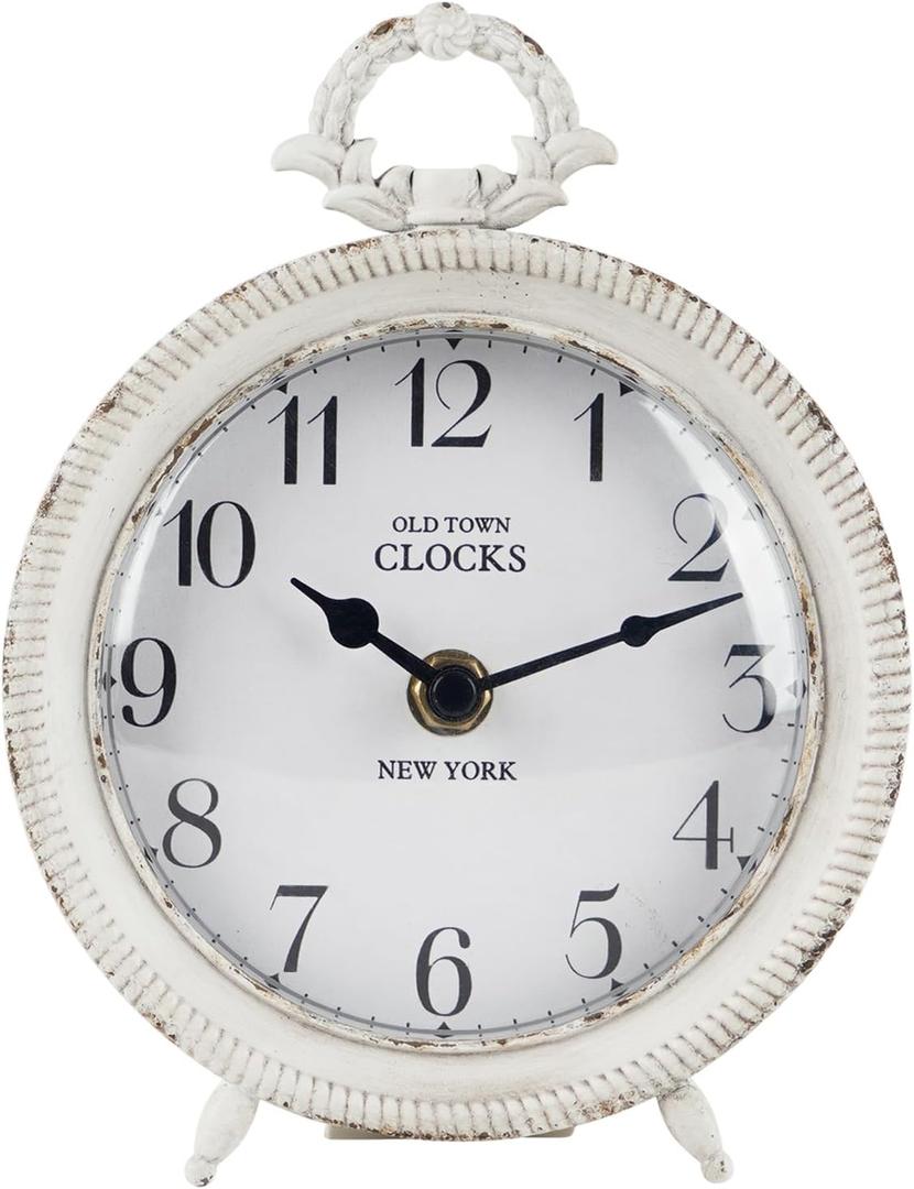 NIKKY HOME Table Clock, Vintage Desk Clock, Antique White Finish Table Clocks, Non-Ticking Battery Operated Decorative Shelf Clock for Living Room Bedroom Gift Clocks