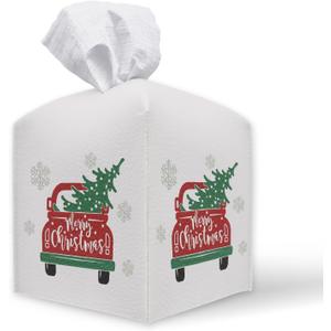 Christmas Eve Tissue Cover - Carriage with Christmas Tree, 5" Square Tissue Box Cover, Holiday Decorative Leather Case, Waterproof Leather Tissue Dispenser Organizer for Office and Home Decor - A08